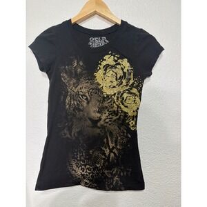 Self Esteem Womens Black Leopard Glitter Rose Graphic Tee Shirt Small Cotton